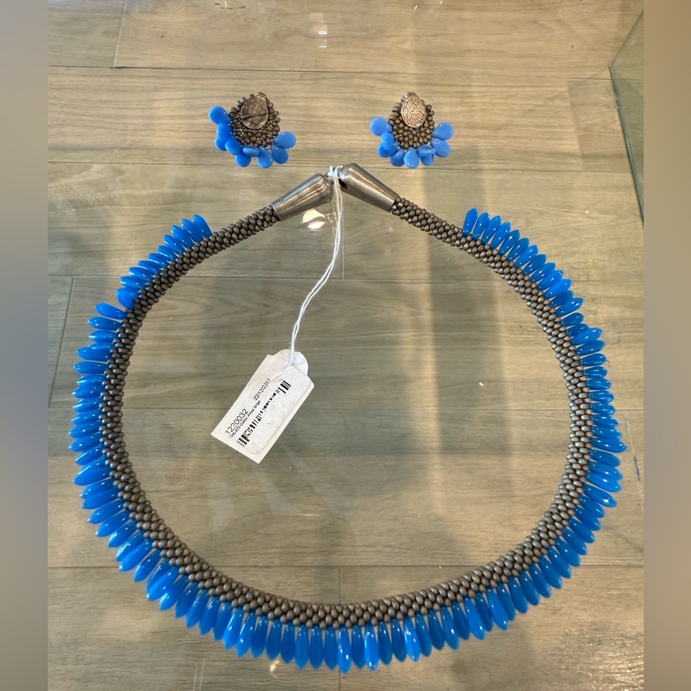 BUNDLE - Blue “Rice” Beading Silver Choker and matching earrings
